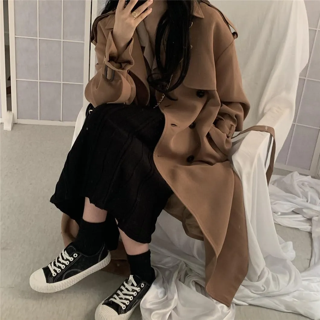 2023 Autumn Women's Long Jacket Solid Color Lapel Double-Breasted Oversized Trench Coat