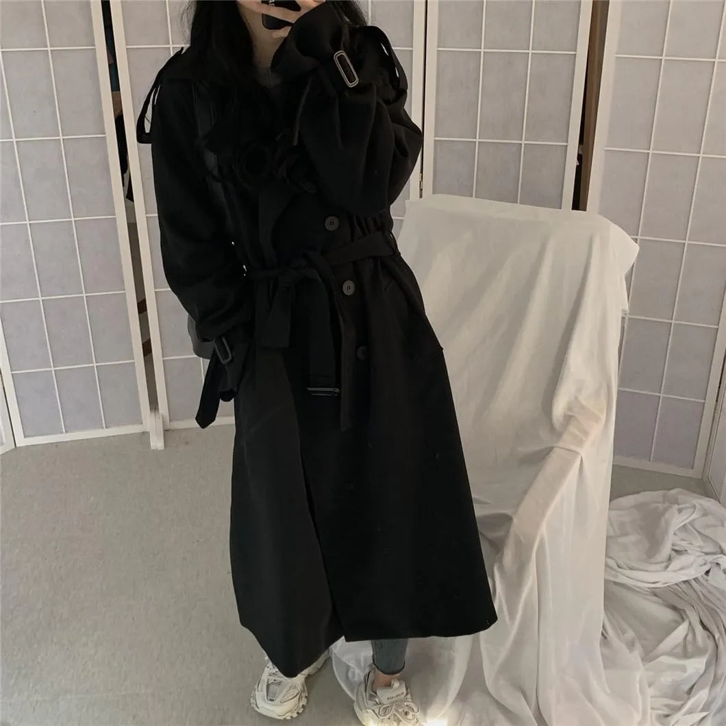 2023 Autumn Women's Long Jacket Solid Color Lapel Double-Breasted Oversized Trench Coat