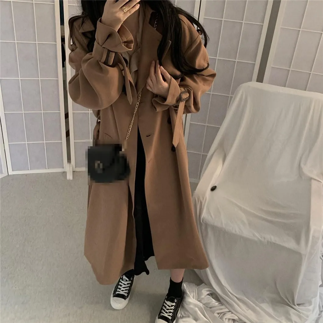 2023 Autumn Women's Long Jacket Solid Color Lapel Double-Breasted Oversized Trench Coat