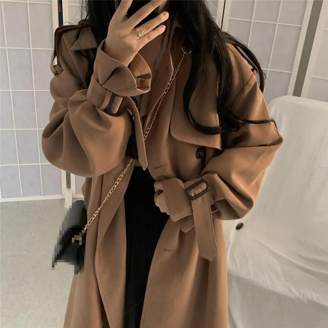 2023 Autumn Women's Long Jacket Solid Color Lapel Double-Breasted Oversized Trench Coat