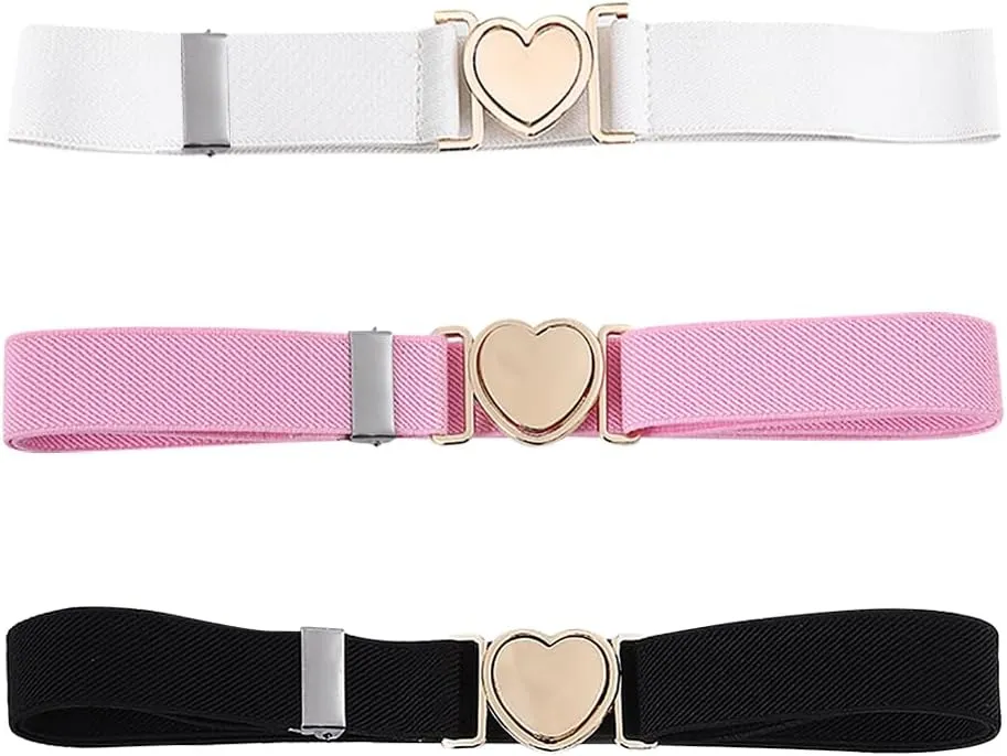 3 Pcs Girls Stretch Belts Kids Adjustable Waist Belts Children Stretchy Belts Elastic Toddler Dress Belts with Heart Buckle