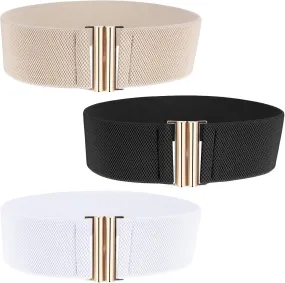 3PCS Elastic Belt Wide Stretchy Waist Belt Trimmer Stretch Waistband Cinch Belts Vintage Elastic Belts for Women Pants Jeans Dresses (Khaki, Black, Pure White, 26.82.4 Inches)