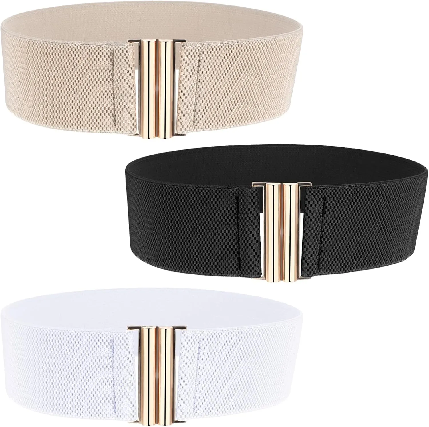 3PCS Elastic Belt Wide Stretchy Waist Belt Trimmer Stretch Waistband Cinch Belts Vintage Elastic Belts for Women Pants Jeans Dresses (Khaki, Black, Pure White, 26.82.4 Inches)