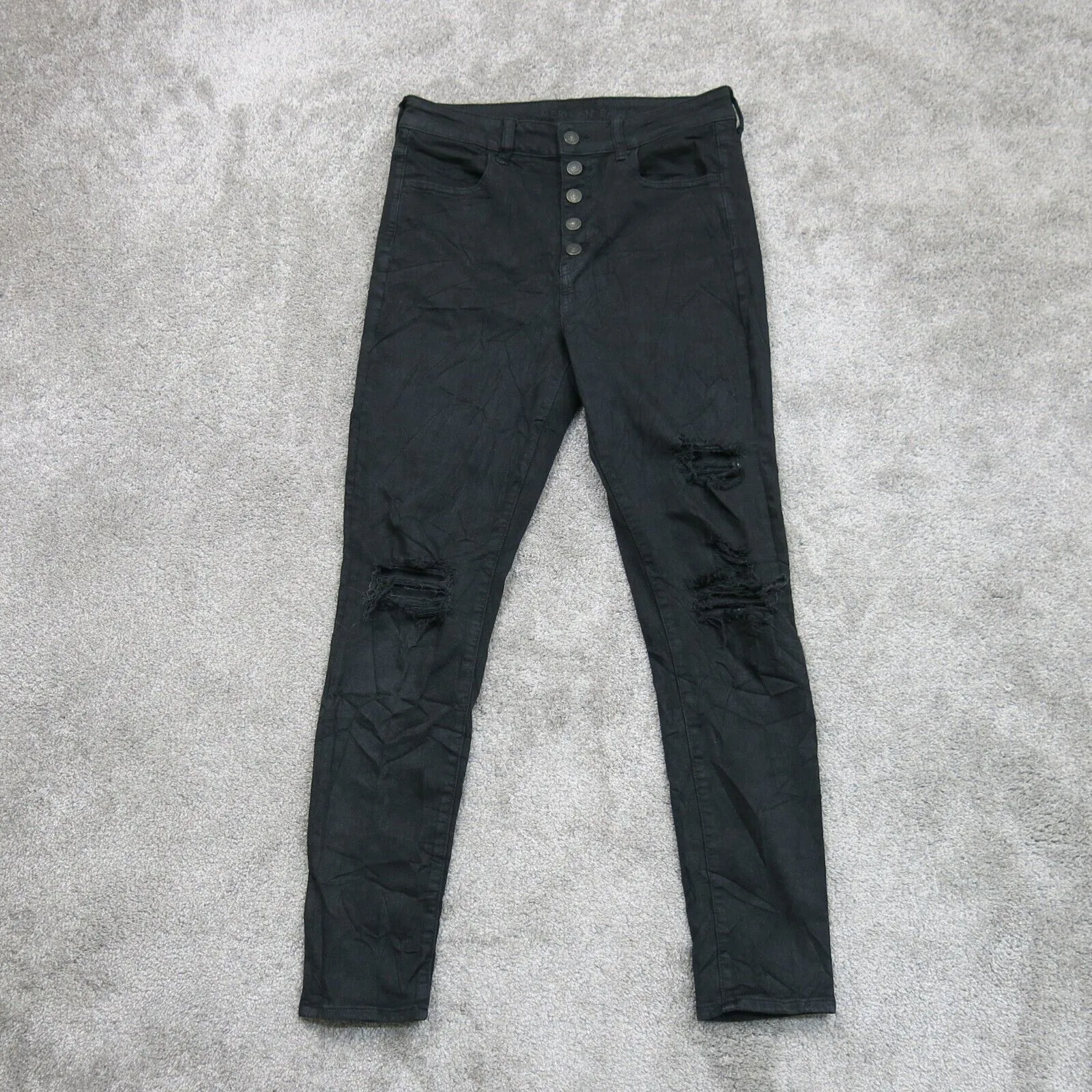 American Eagle Women Distressed Skinny Jeans Next Level Stretch Black SZ 10 Reg