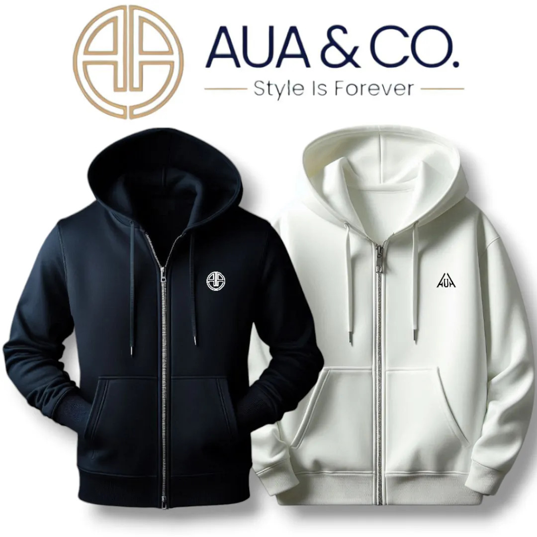 AUA&CO Premium Fleece Full-Zip Hoodies – Classic Blue & Minimal White