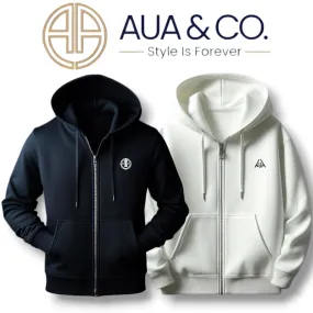 AUA&CO Premium Fleece Full-Zip Hoodies – Classic Blue & Minimal White