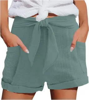 Beach Shorts for Women, Summer Casual Yoga Comfy Shorts Drawstring Elastic Waist Lightweight Straight Shorts with Pocket