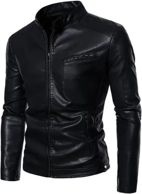 Dgoopd Leather Jacket for Men Slim Fit Motorcycle Jacket Stand Collar Moto Jacket Zip up Biker Jacket Casual Leather Coats