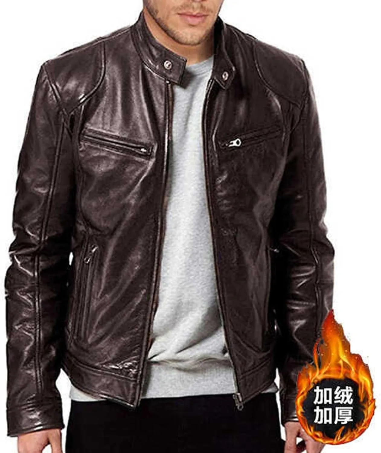 Dgoopd Mens Leather Jacket Stand Collar Moto Jacket Zip up Biker Jacket Vintage Motorcycle Jacket Casual Faux Leather Jacket