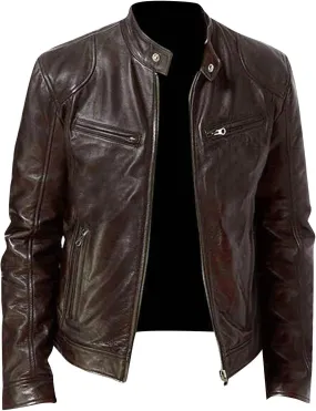 Dgoopd Mens Leather Jacket Stand Collar Moto Jacket Zip up Biker Jacket Vintage Motorcycle Jacket Casual Faux Leather Jacket