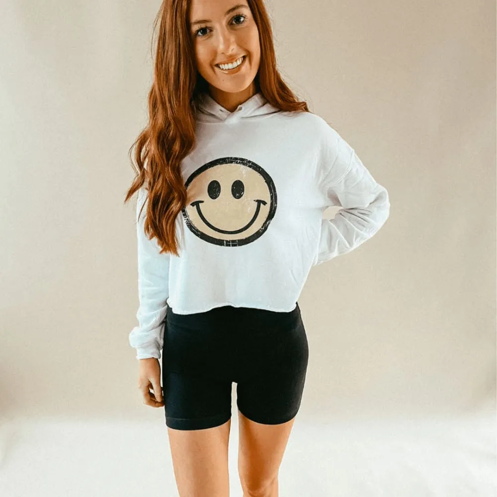 Distressed Smiley Cropped Hoodie