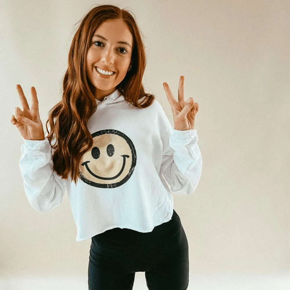 Distressed Smiley Cropped Hoodie