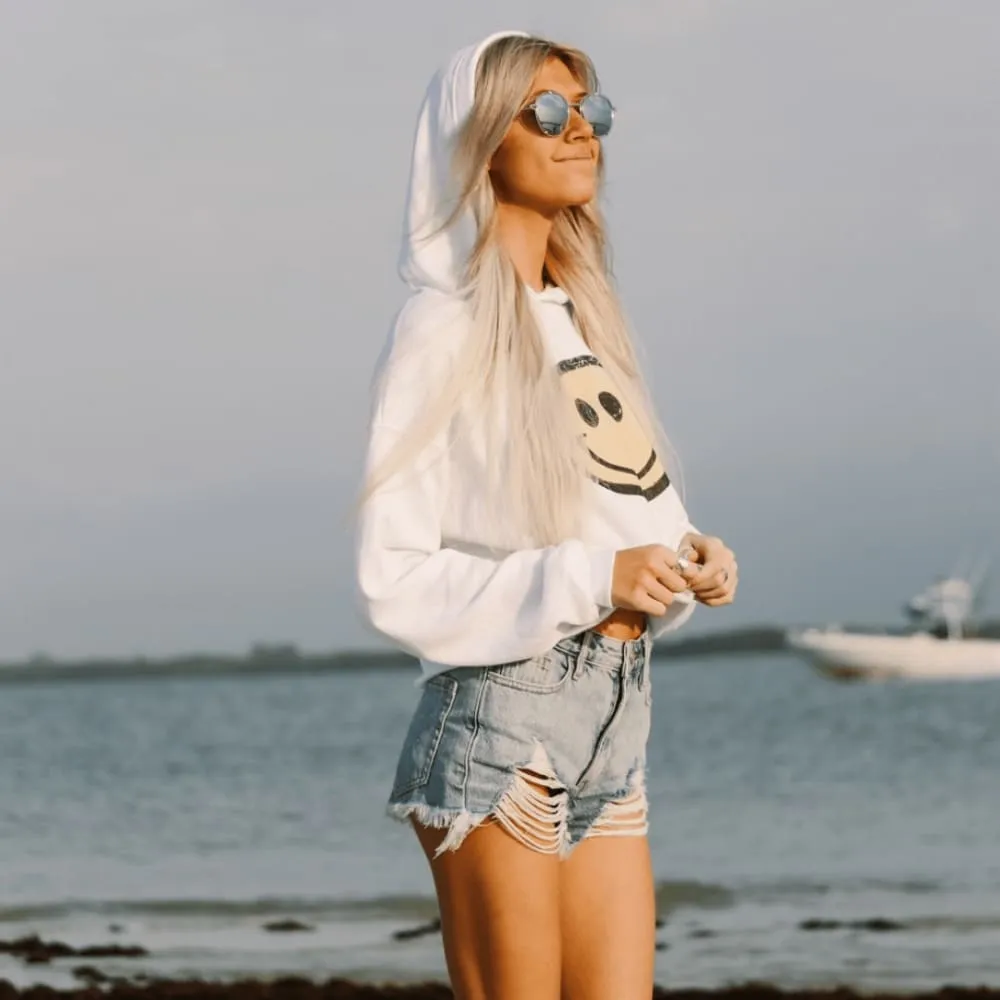 Distressed Smiley Cropped Hoodie
