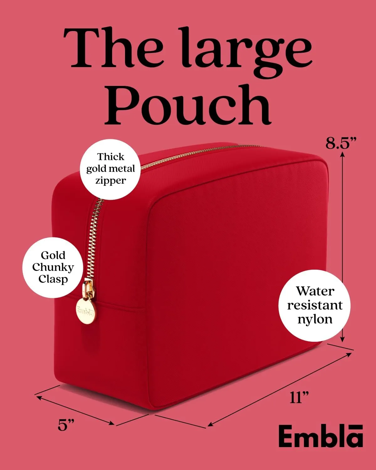 Embla Makeup Bag Travel Cosmetics Pouch and Toiletry Bag, Nylon Zipper Pouch Purse, Cute Make Up Organizer Storage Tote for Women Girls, Waterproof Travel Skincare Case, Large Makeup Bags, Scarlett