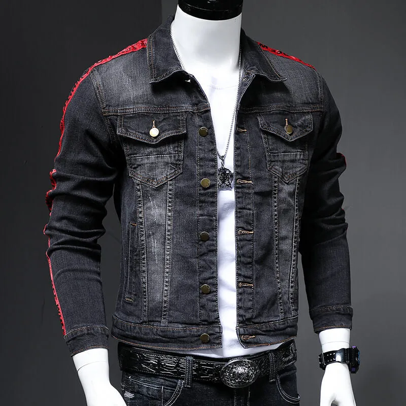 Embroidery Fashion Street Style Men's Denim Jacket Slim Jean Coats