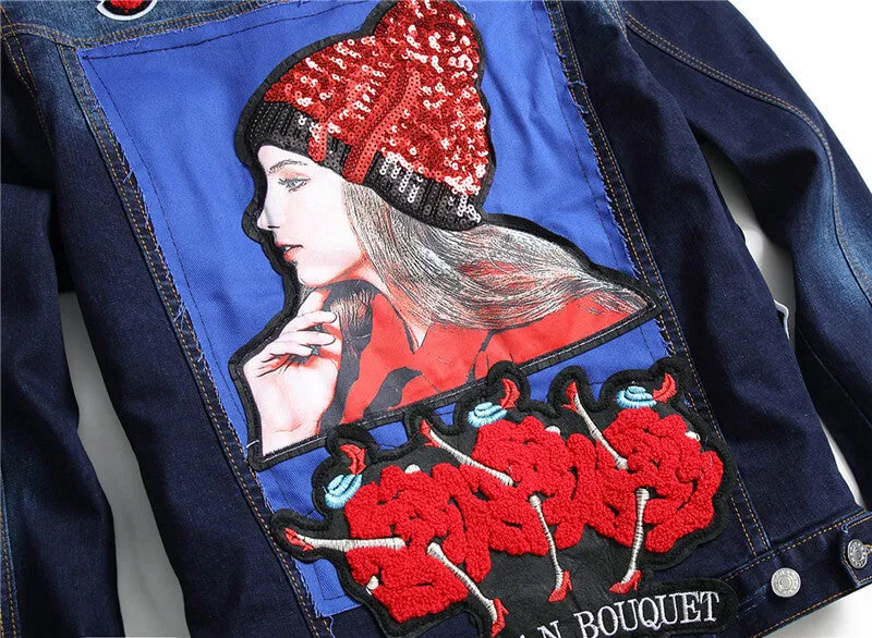 Fashion Basic Print Denim Coats Slim Men's Denim Jacket