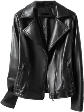 Fashion Jackets Women Lapel Collar Full Sleeve Leather Coats Casual Zipper Short Moto Biker Jackets