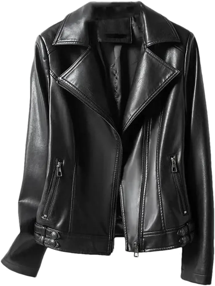 Fashion Jackets Women Lapel Collar Full Sleeve Leather Coats Casual Zipper Short Moto Biker Jackets