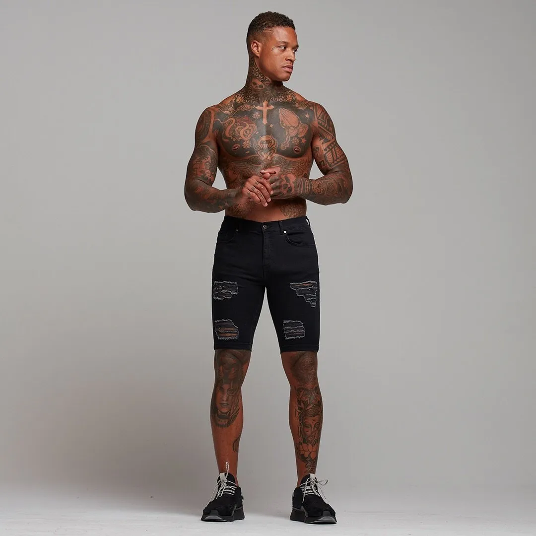 Father Sons Slim Stretch Black Distressed Ripped Denim Jean Shorts - FSH243