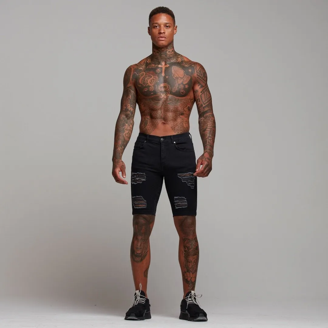 Father Sons Slim Stretch Black Distressed Ripped Denim Jean Shorts - FSH243