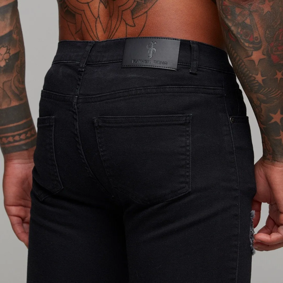 Father Sons Slim Stretch Black Distressed Ripped Denim Jean Shorts - FSH243