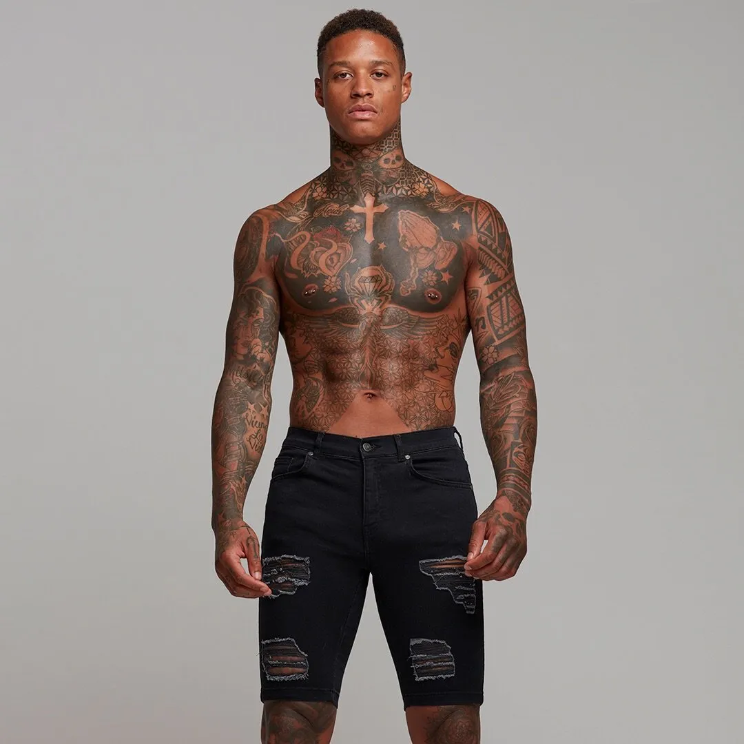 Father Sons Slim Stretch Black Distressed Ripped Denim Jean Shorts - FSH243
