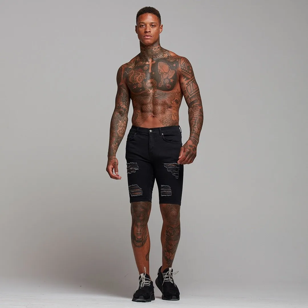 Father Sons Slim Stretch Black Distressed Ripped Denim Jean Shorts - FSH243