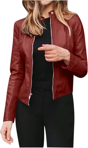 Faux Leather Jacket Women Trendy Going out Outfits Motorcycle PU Bomber Jackets Fall Trendy Zip up Cropped Coats