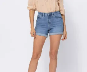 FINAL SALE High Rise Open Seam Cuffed Denim Shorts - Light