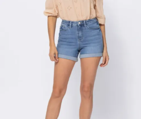 FINAL SALE High Rise Open Seam Cuffed Denim Shorts - Light