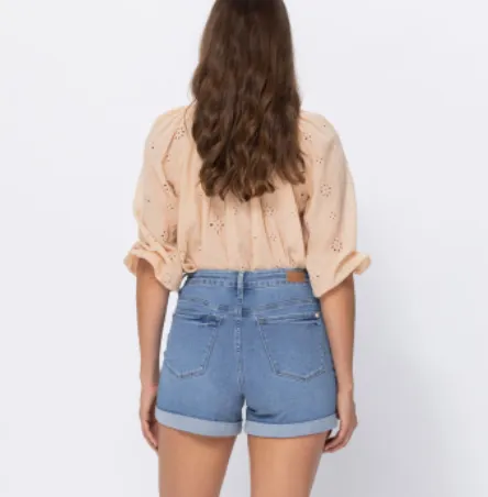 FINAL SALE High Rise Open Seam Cuffed Denim Shorts - Light