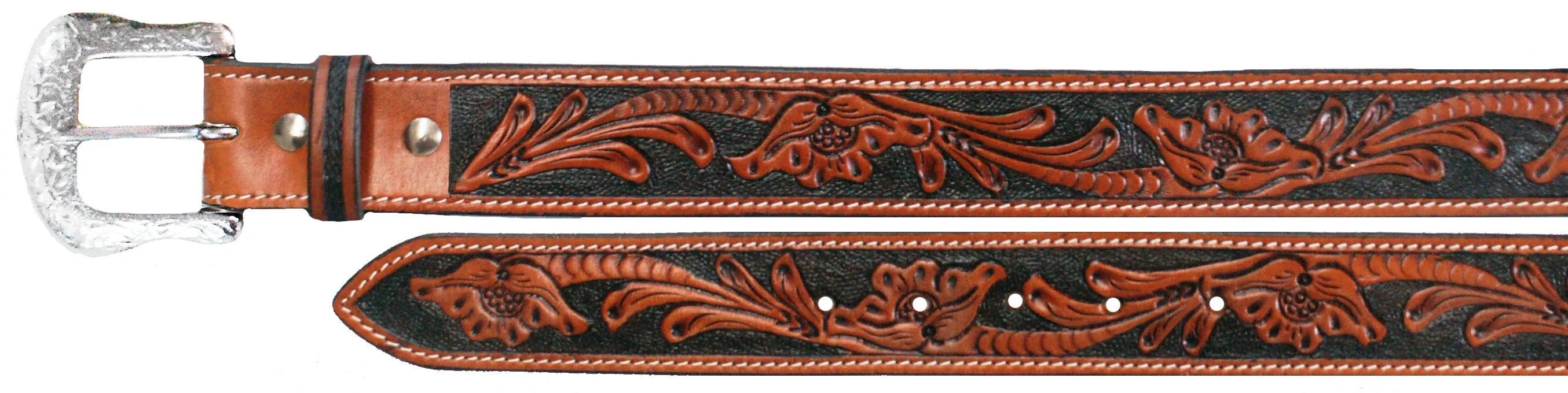 Floral Tooled Leather Men's Belt with Black Background
