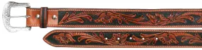 Floral Tooled Leather Men's Belt with Black Background