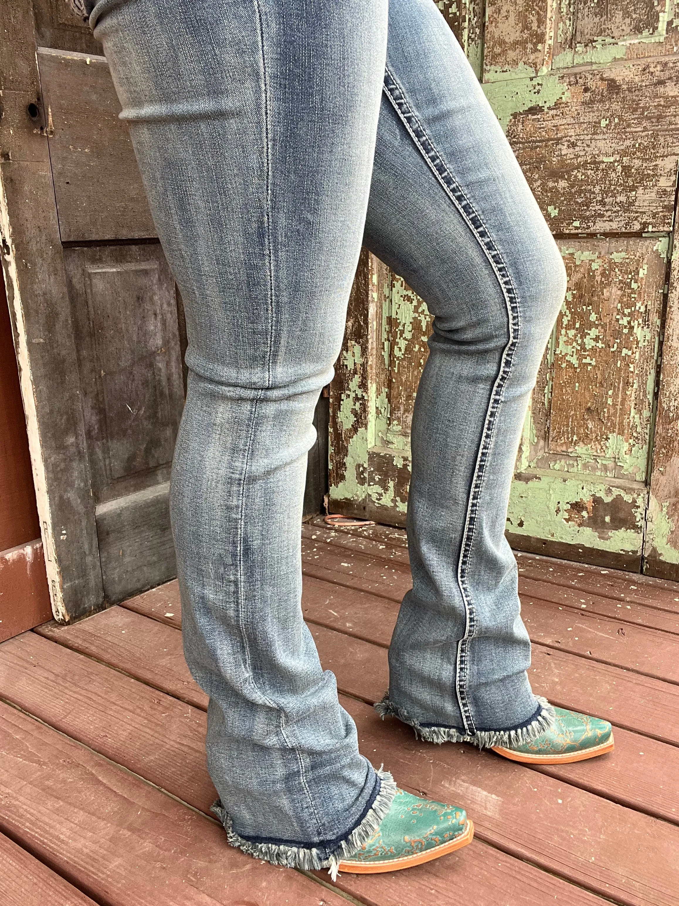 Grace in LA Women's Easy Fit Steerhead Feather Raw Hem Bootcut Jeans EB61610