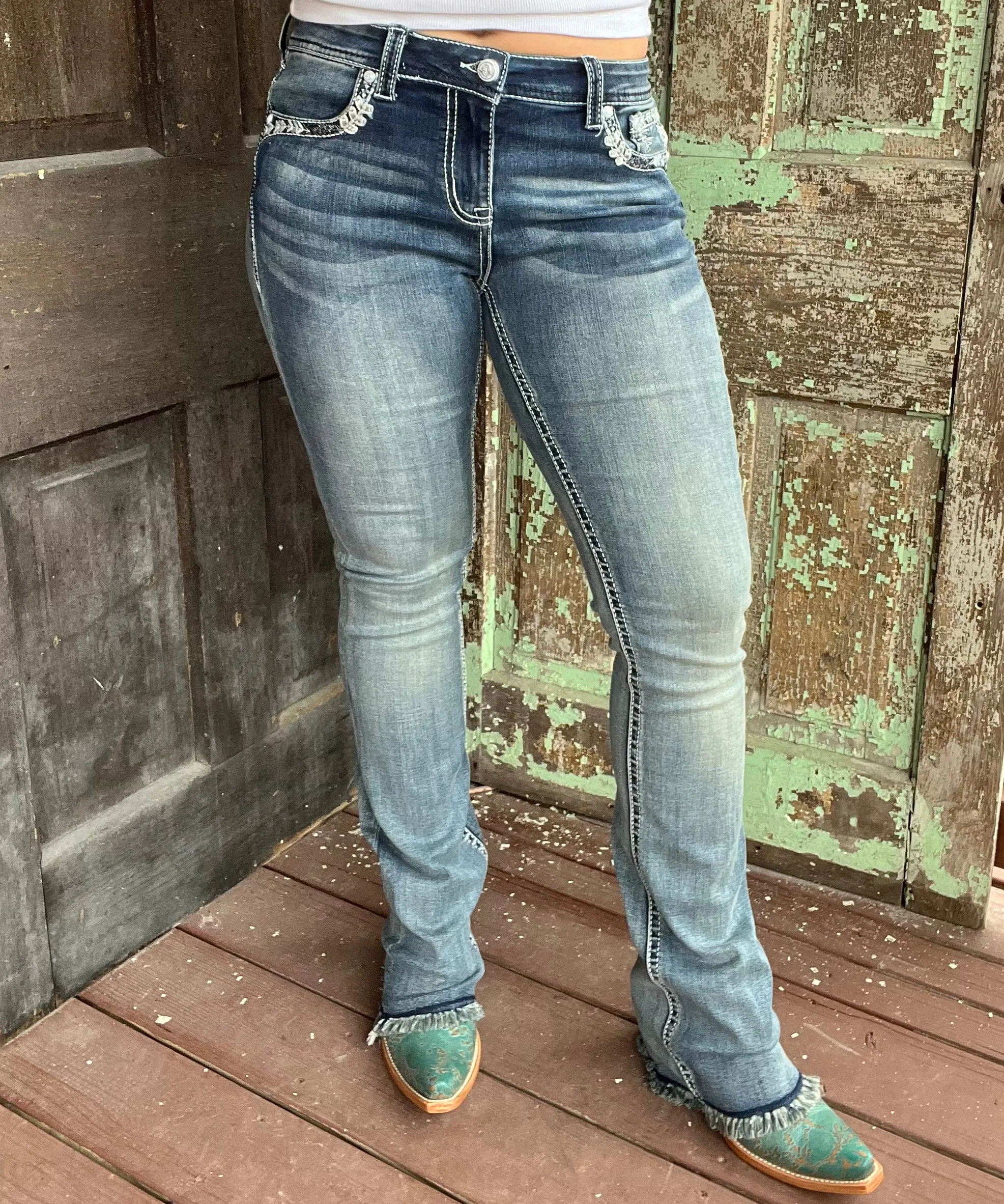 Grace in LA Women's Easy Fit Steerhead Feather Raw Hem Bootcut Jeans EB61610