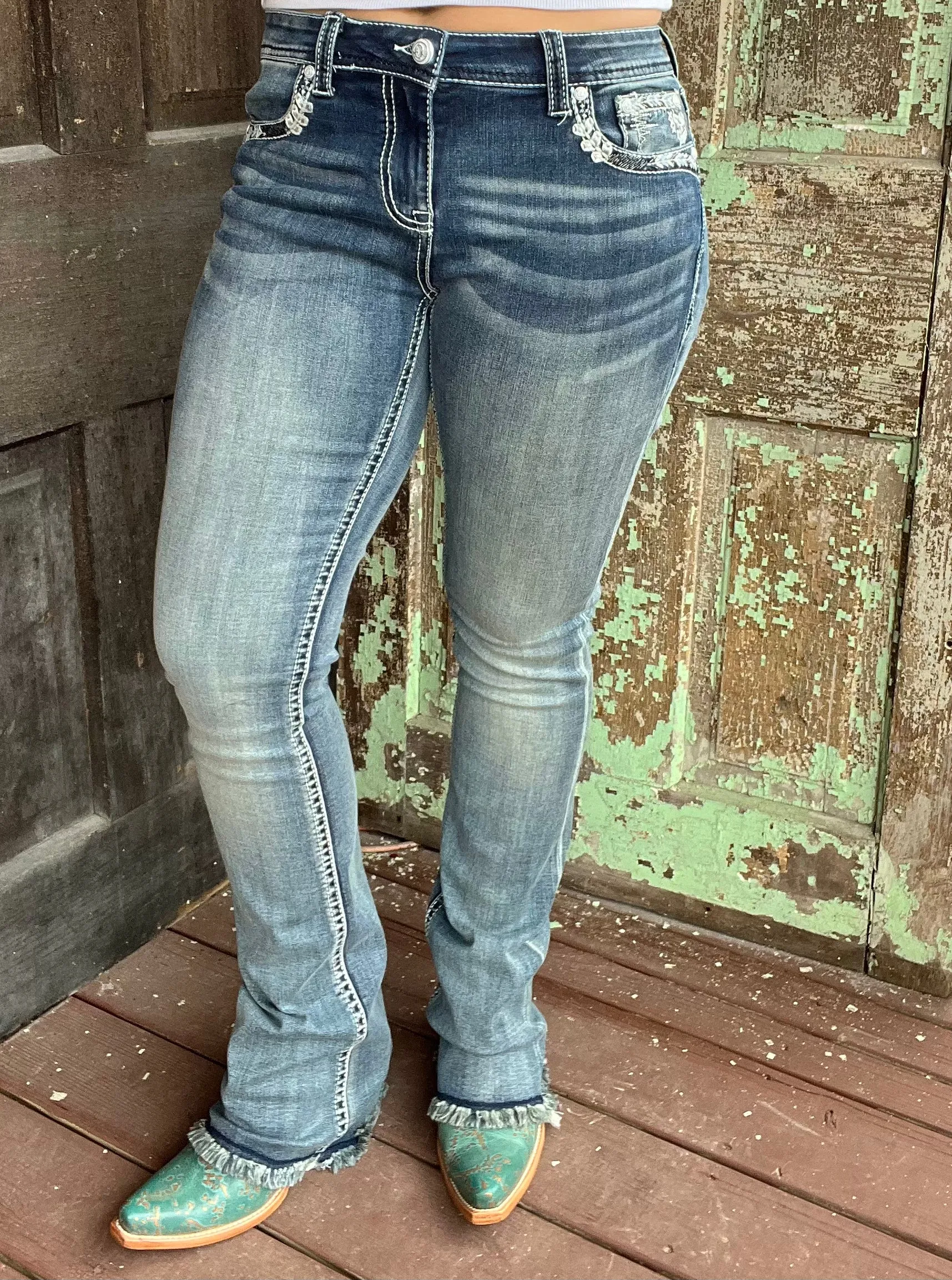 Grace in LA Women's Easy Fit Steerhead Feather Raw Hem Bootcut Jeans EB61610