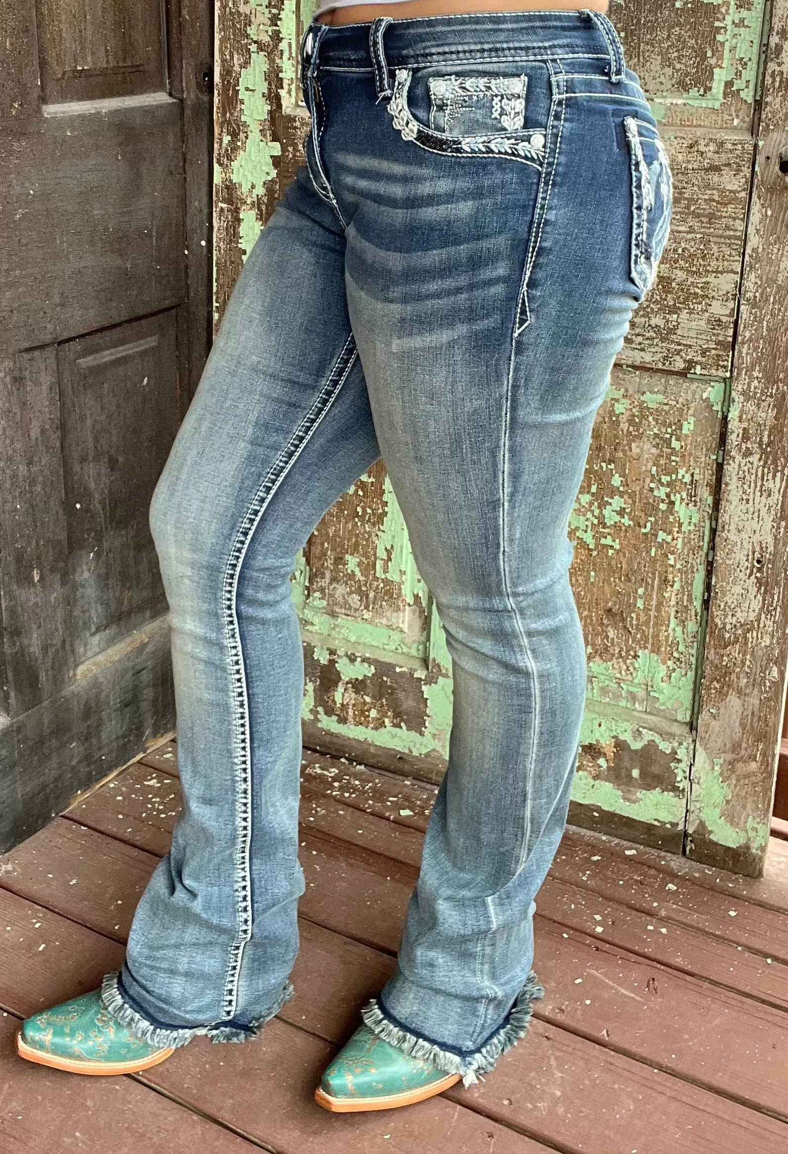 Grace in LA Women's Easy Fit Steerhead Feather Raw Hem Bootcut Jeans EB61610