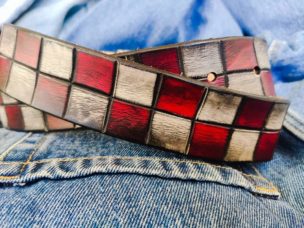 Handcrafted Red and White Leather Belt for Men and Women - Unique Buckle Design for Boho Lovers - Durable and Stylish Unisex Gift