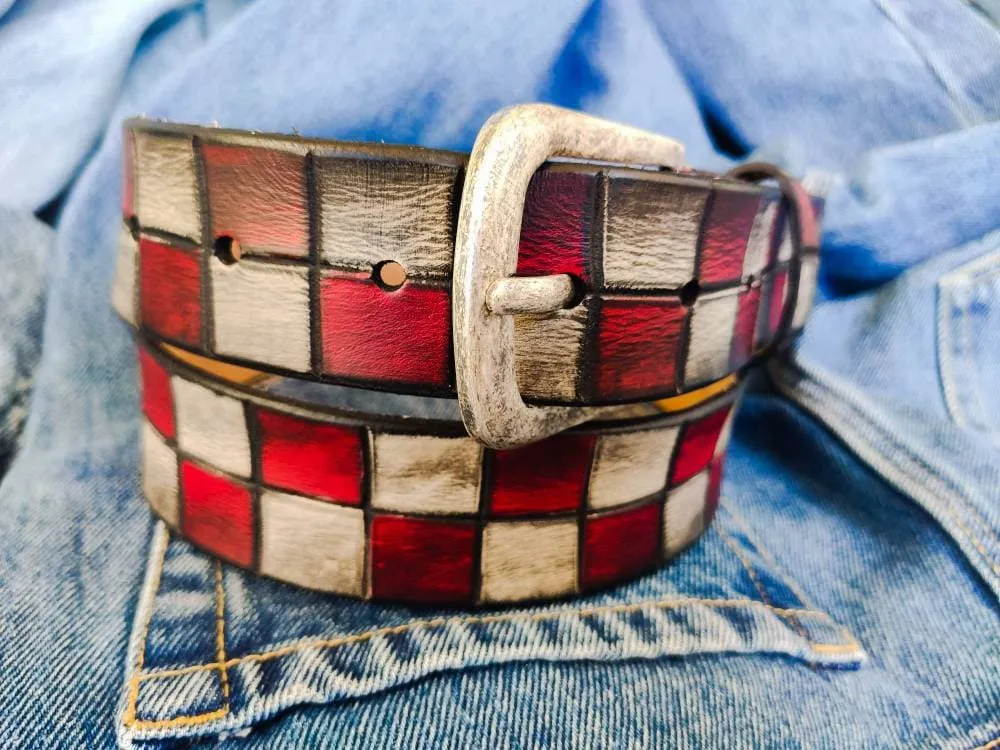 Handcrafted Red and White Leather Belt for Men and Women - Unique Buckle Design for Boho Lovers - Durable and Stylish Unisex Gift