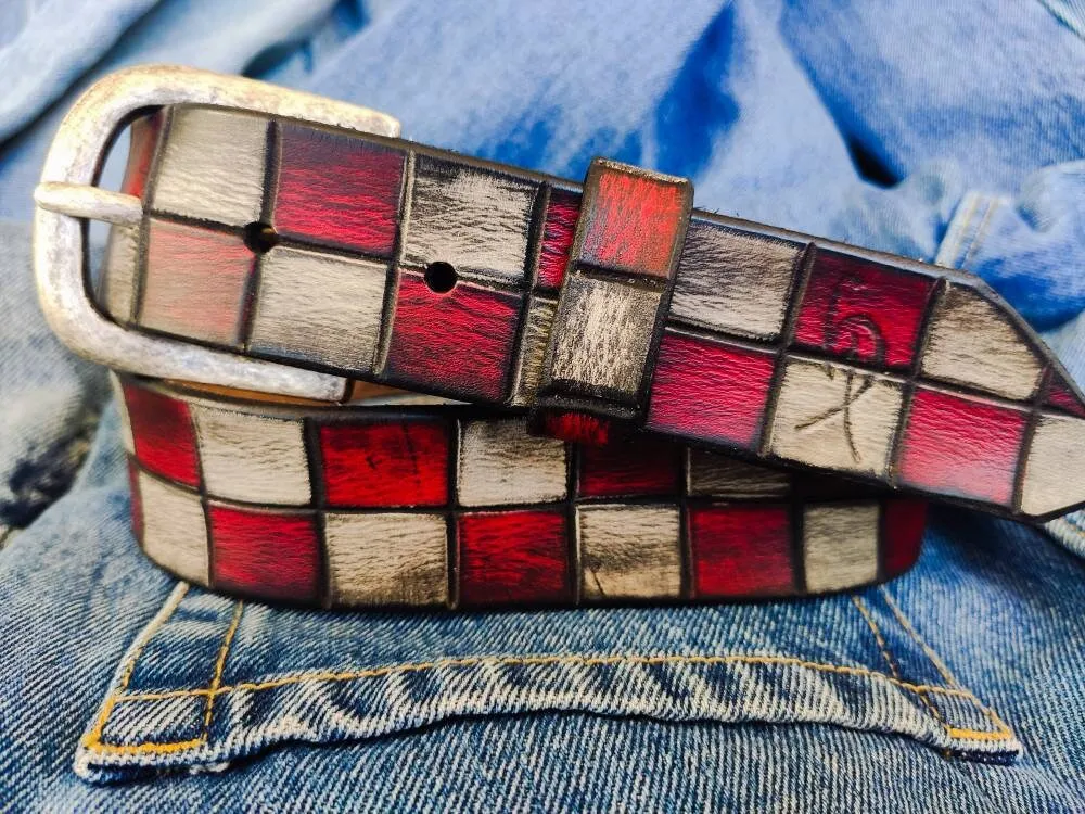 Handcrafted Red and White Leather Belt for Men and Women - Unique Buckle Design for Boho Lovers - Durable and Stylish Unisex Gift