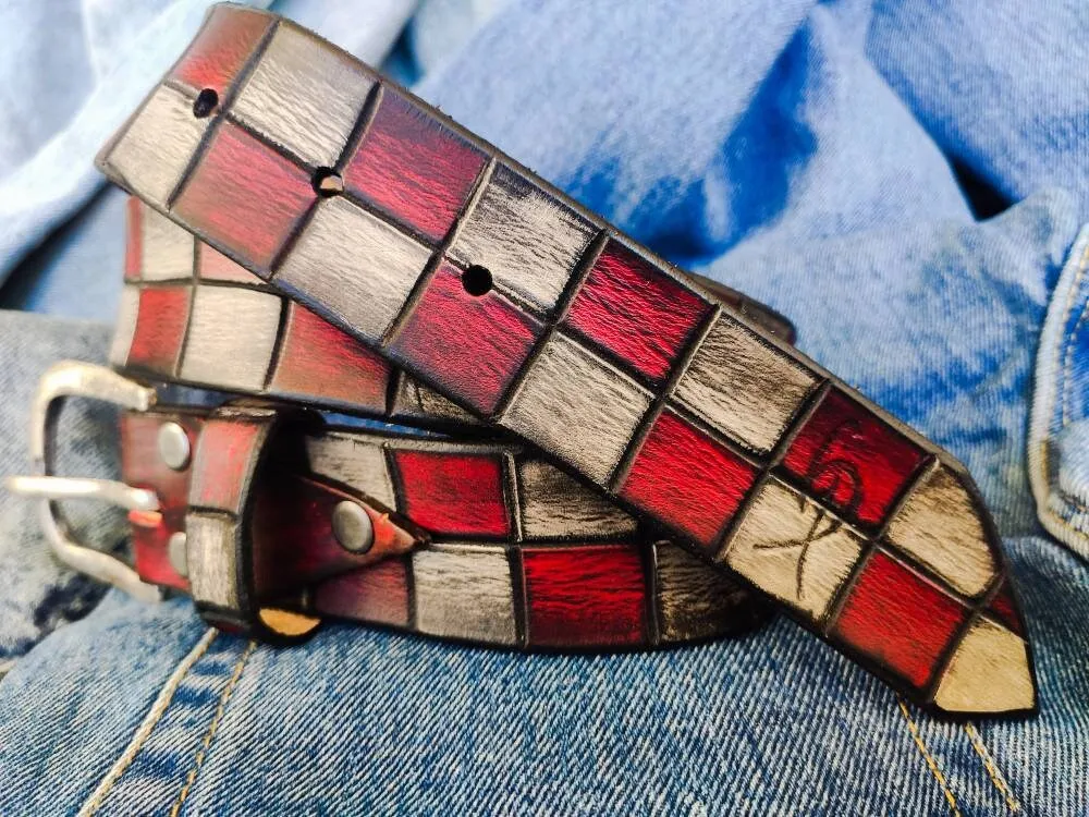 Handcrafted Red and White Leather Belt for Men and Women - Unique Buckle Design for Boho Lovers - Durable and Stylish Unisex Gift