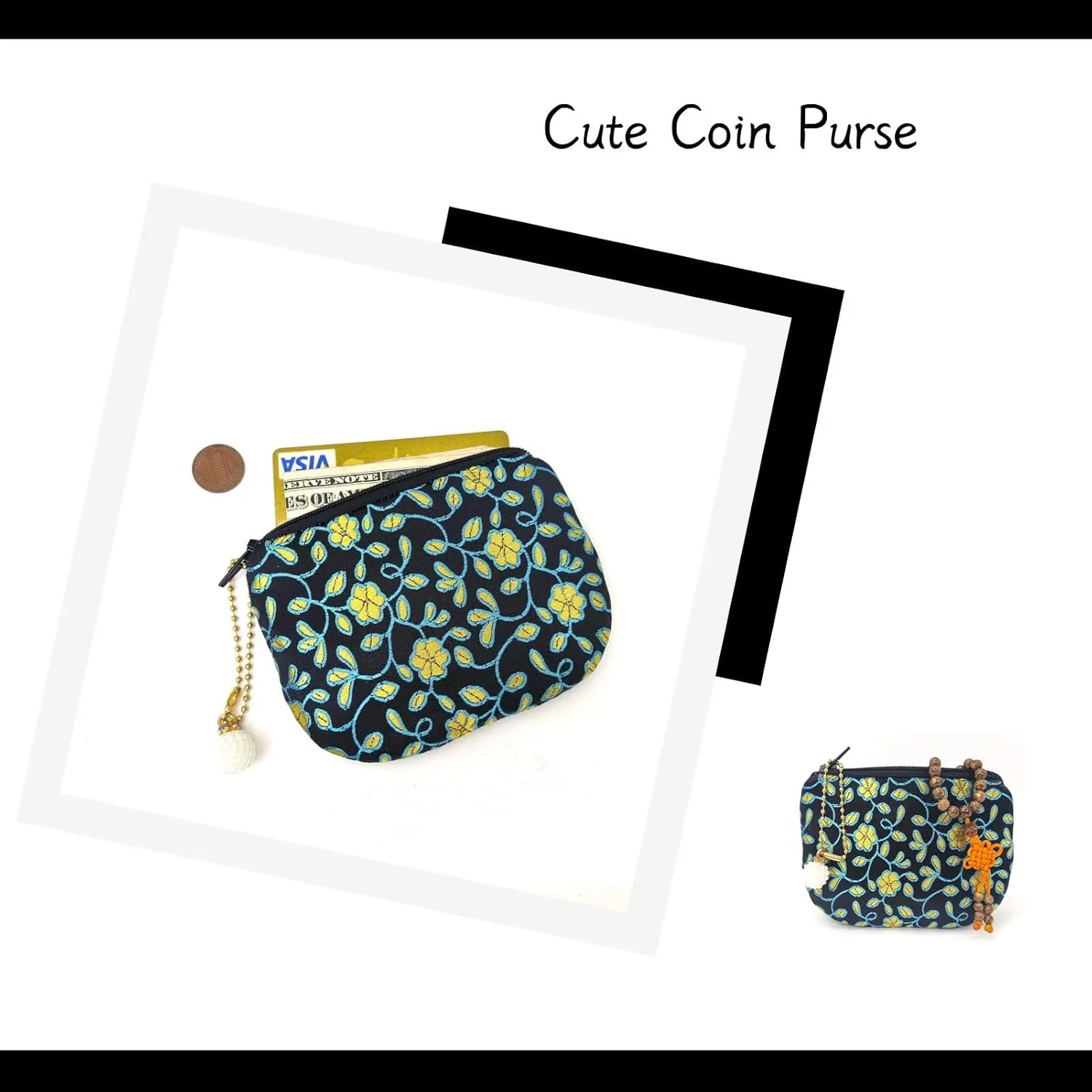 Handmade Coin Purse Brocade Zipper Wallet Rosary Pouch Women Silk Jewelry Bag - Black