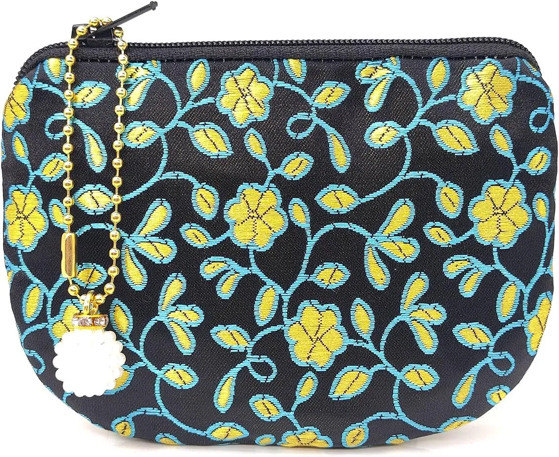 Handmade Coin Purse Brocade Zipper Wallet Rosary Pouch Women Silk Jewelry Bag - Black
