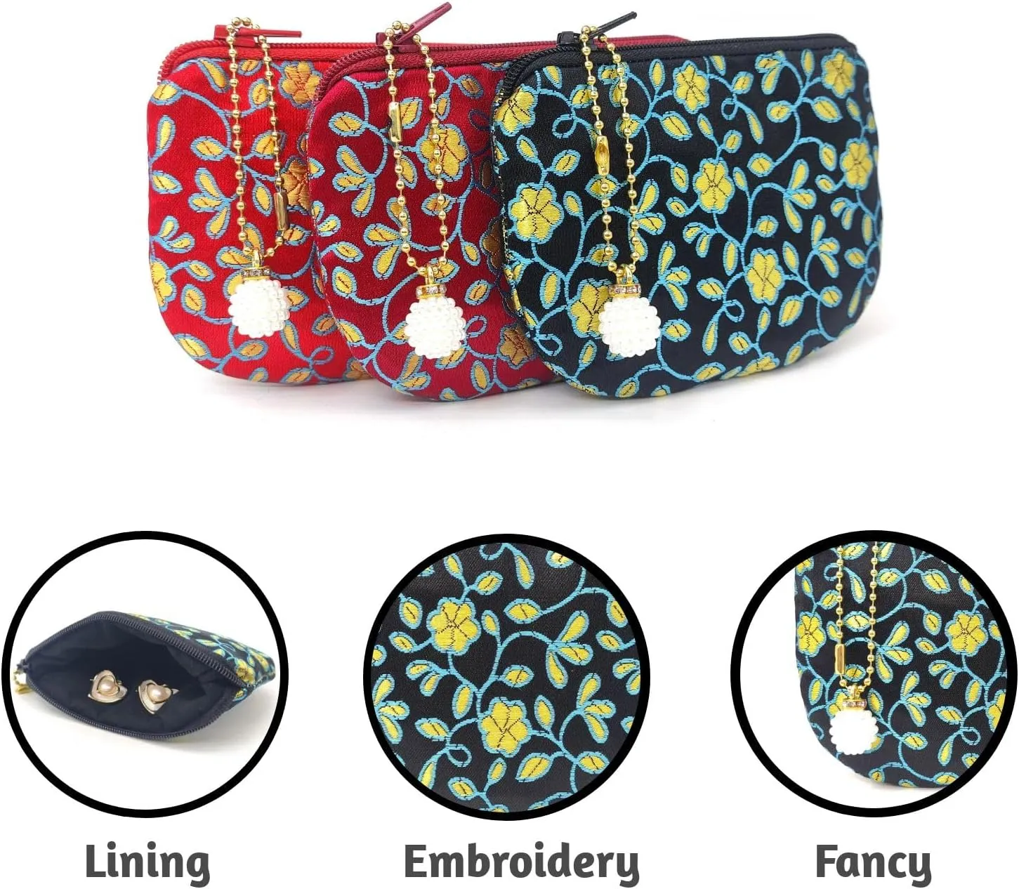 Handmade Coin Purse Brocade Zipper Wallet Rosary Pouch Women Silk Jewelry Bag - Black