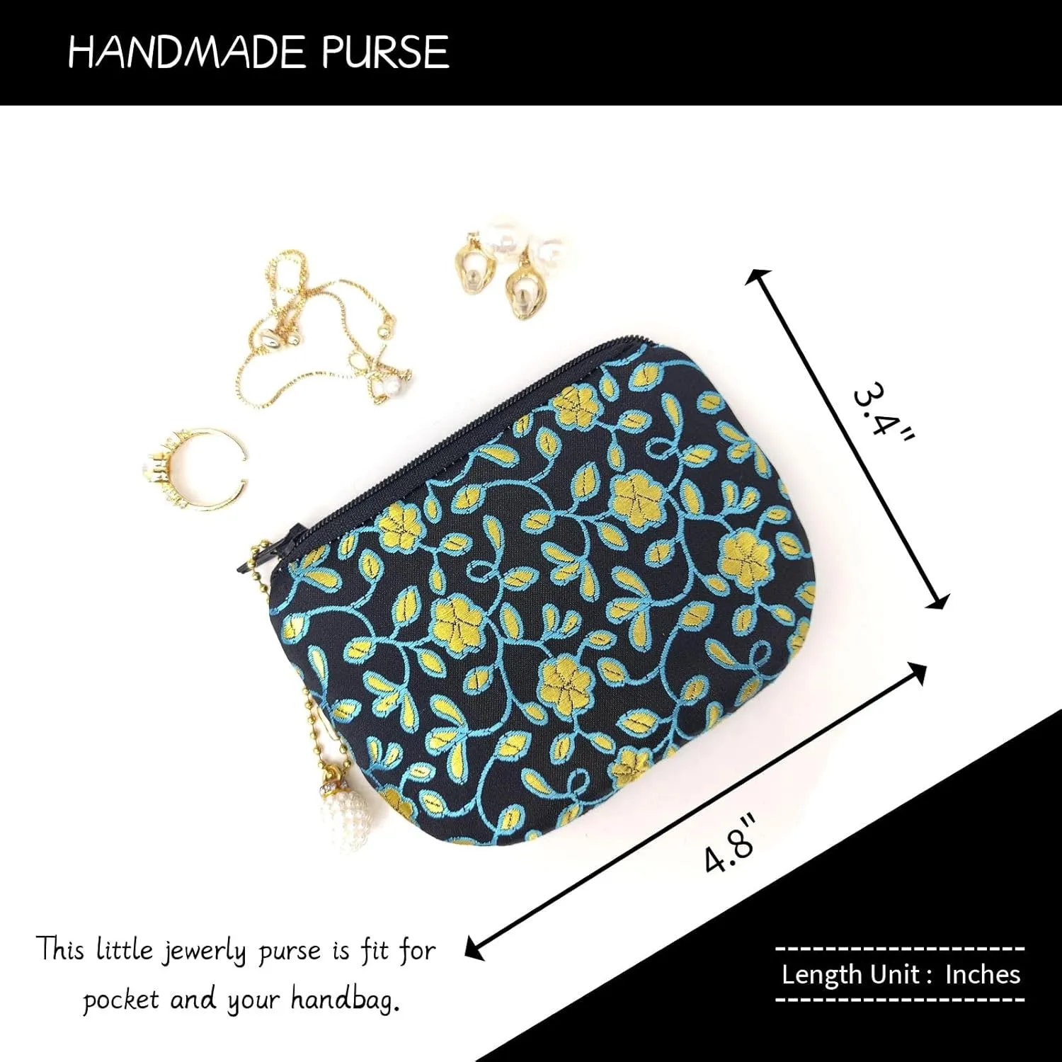 Handmade Coin Purse Brocade Zipper Wallet Rosary Pouch Women Silk Jewelry Bag - Black