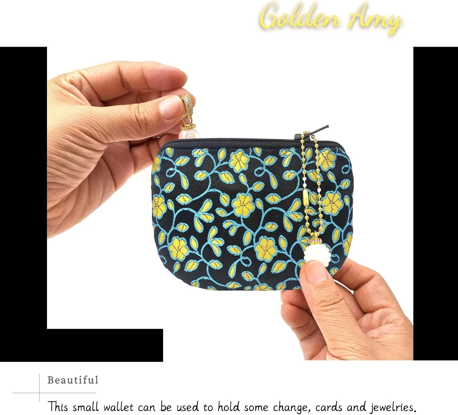 Handmade Coin Purse Brocade Zipper Wallet Rosary Pouch Women Silk Jewelry Bag - Black