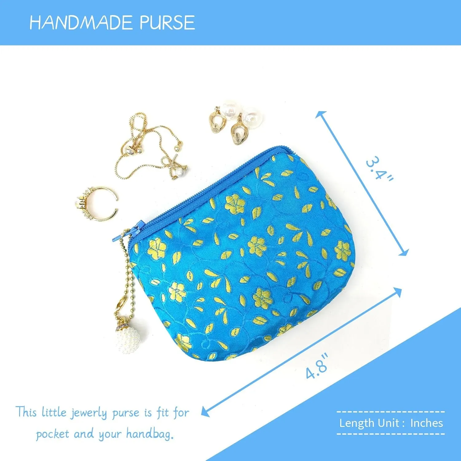 Handmade Coin Purse Brocade Zipper Wallet Rosary Pouch Women Silk Jewelry Bag - Blue