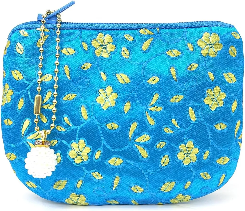 Handmade Coin Purse Brocade Zipper Wallet Rosary Pouch Women Silk Jewelry Bag - Blue