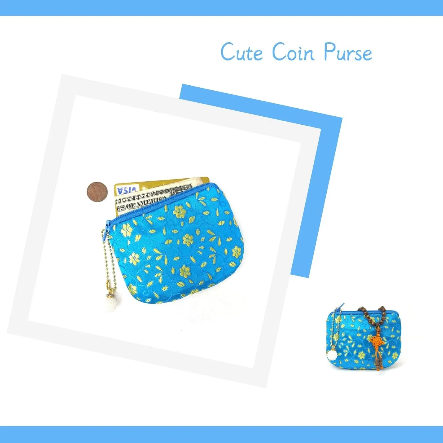 Handmade Coin Purse Brocade Zipper Wallet Rosary Pouch Women Silk Jewelry Bag - Blue