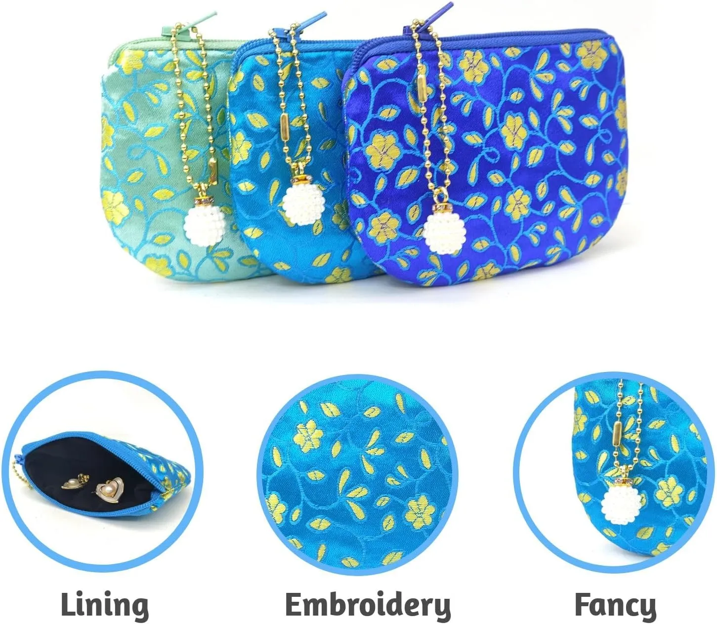 Handmade Coin Purse Brocade Zipper Wallet Rosary Pouch Women Silk Jewelry Bag - Blue